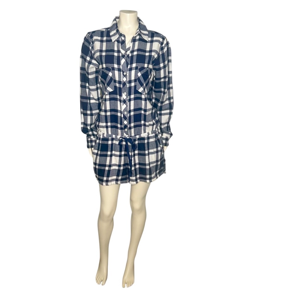 Aerie Navy & White Plaid Cotton Pajama Long Sleeve Shirt Romper Size Large